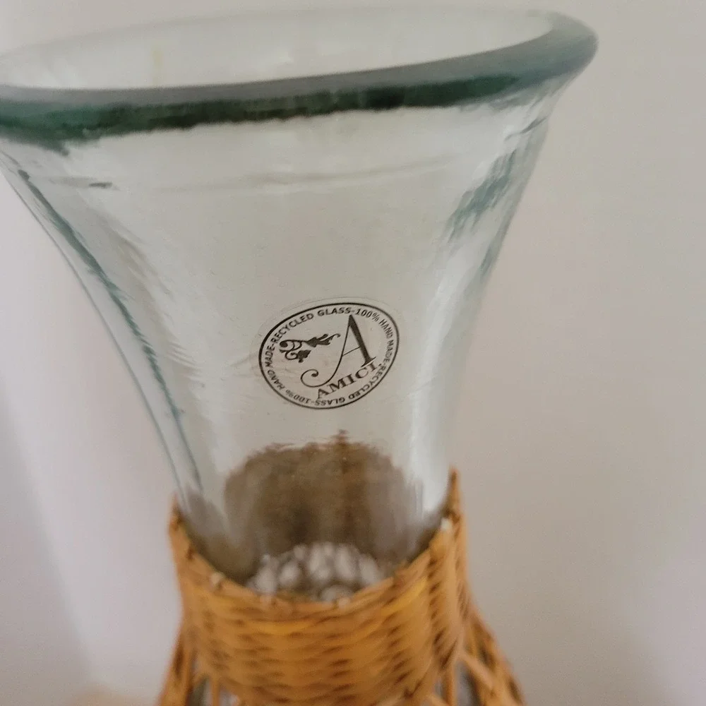 Amici Italy Set of 2 Hand Blown Recycled Glass‎ Vases Carafe Wicker Rattan Wrap